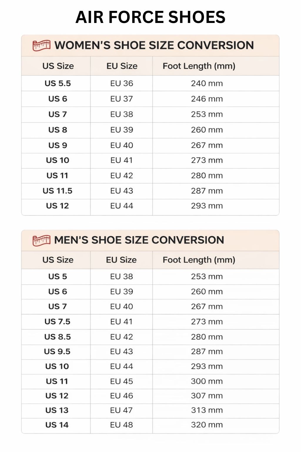 Air Force Shoes Size Chart - Darling In The FranXX Store