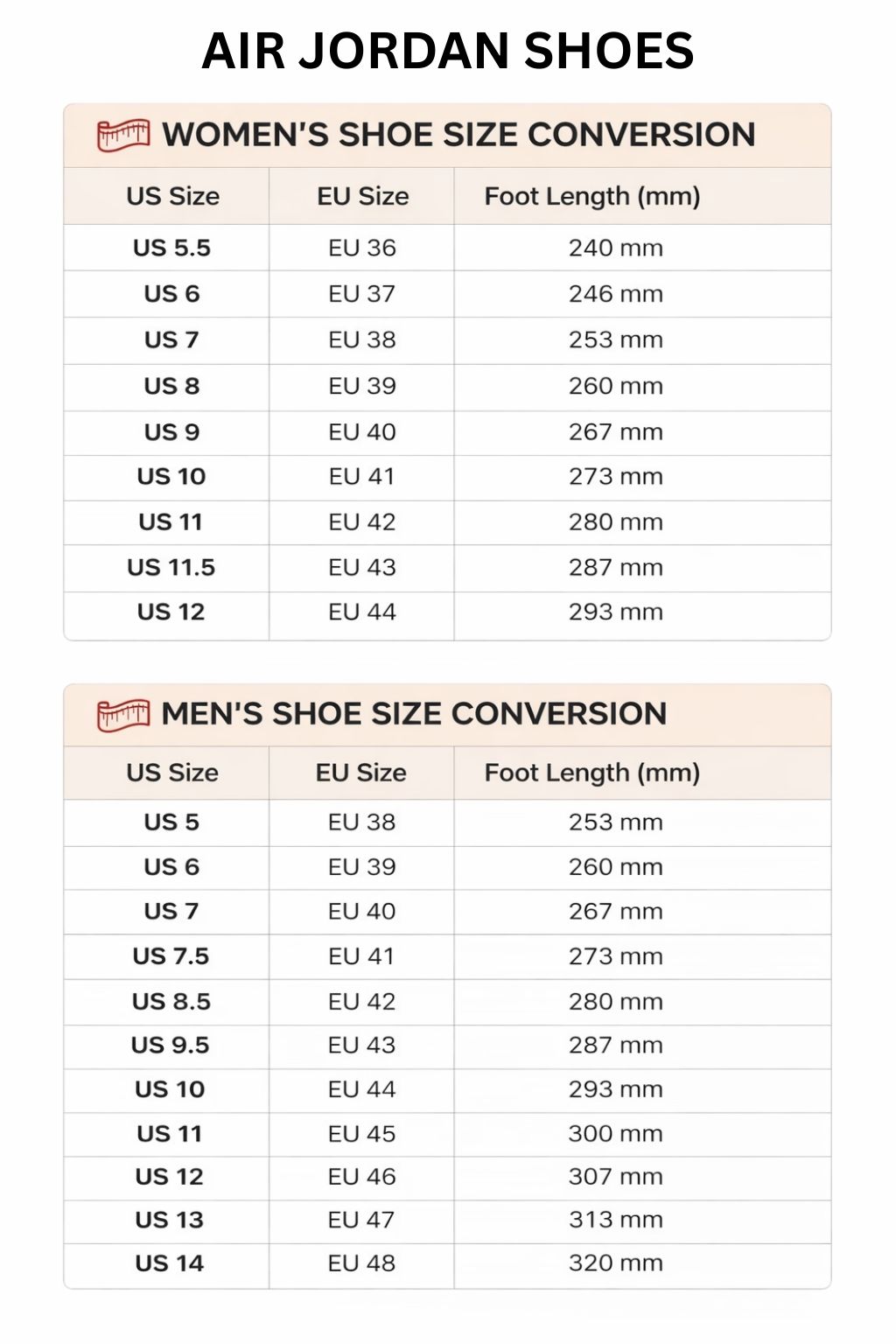 Air Jordan High Low Top Shoes Size Chart - Darling In The FranXX Store