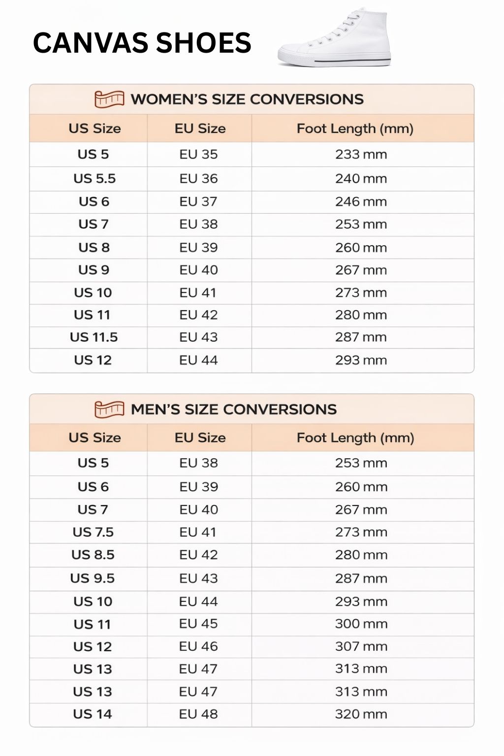High Top Canvas Shoes Size Chart - Darling In The FranXX Store